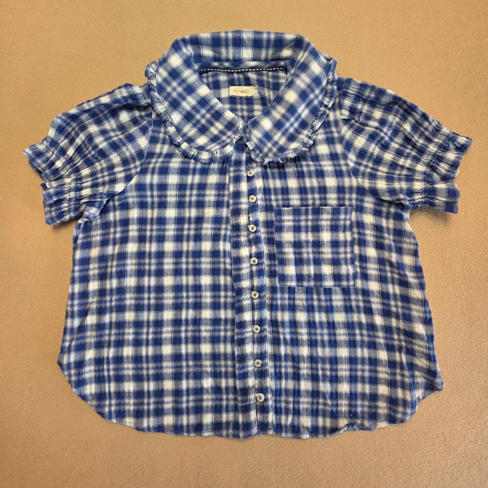 Pilcro Anthropologie Kiera Blue & White Plaid Button-Up Blouse Sz Small